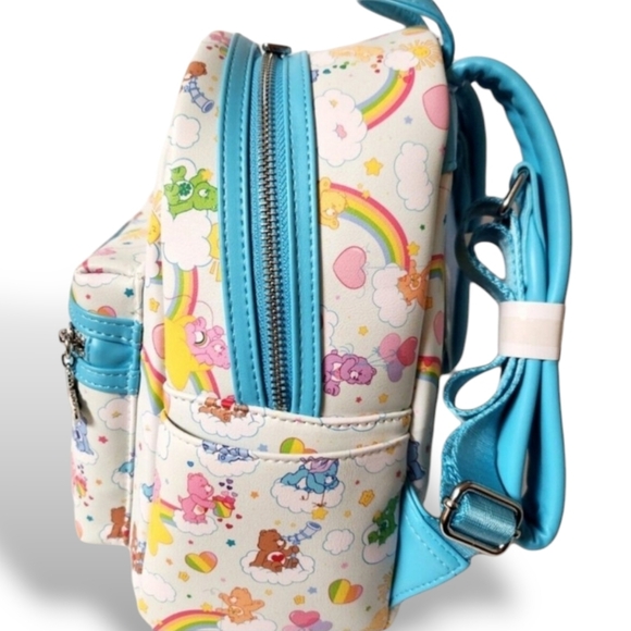 Loungefly Care Bears AOP Rainbow & Clouds Mini Backpack, White & Turquoise, NEW